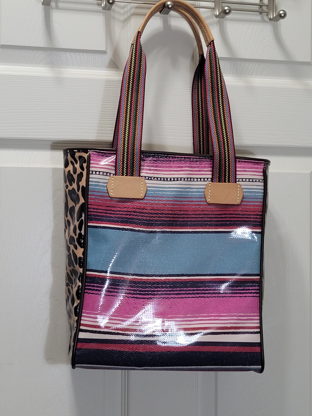 CONSUELA Striped Pink & Blue Tote Bag with Leopard Side Panel